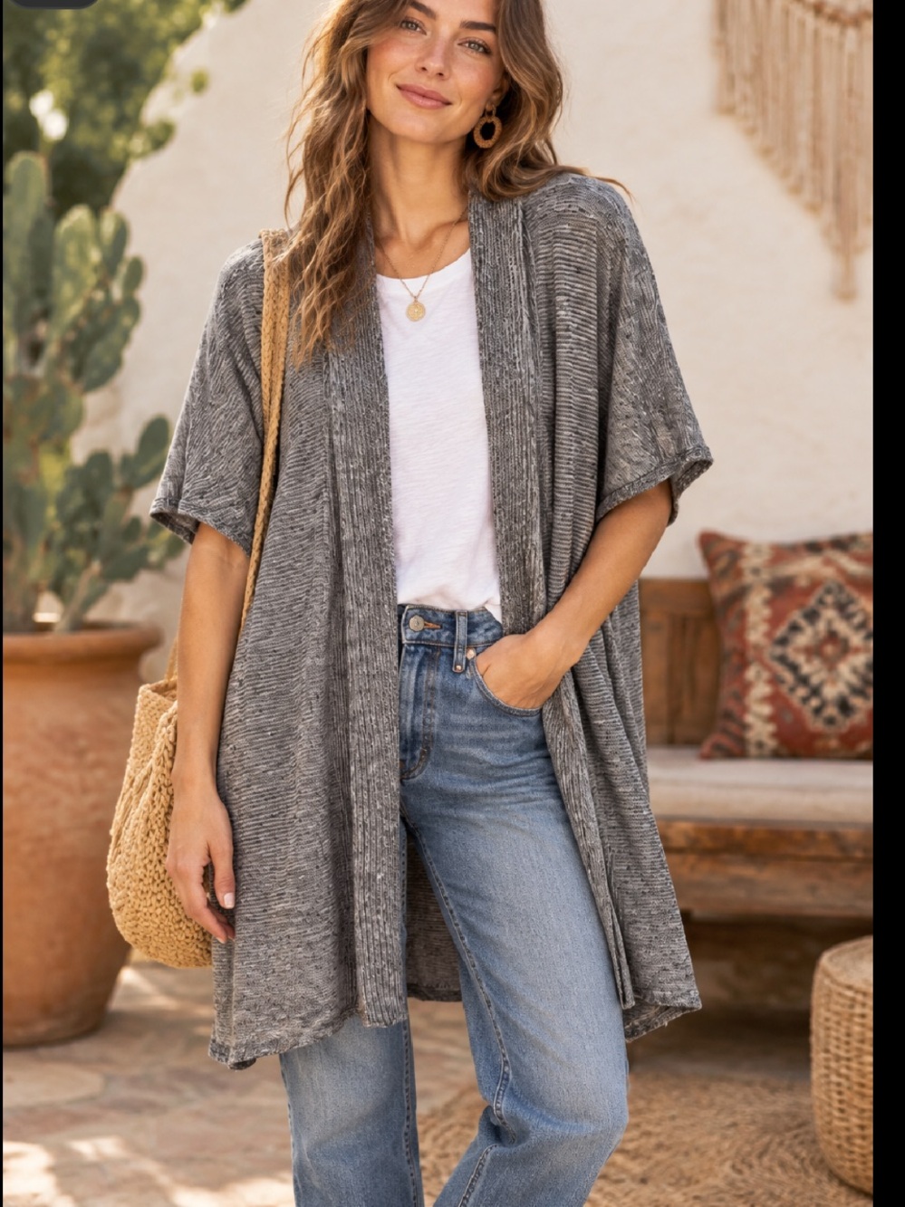 EILEEN FISHER ORGANIC LINEN Lightweight Melange Longline Cardigan ❤️❤️